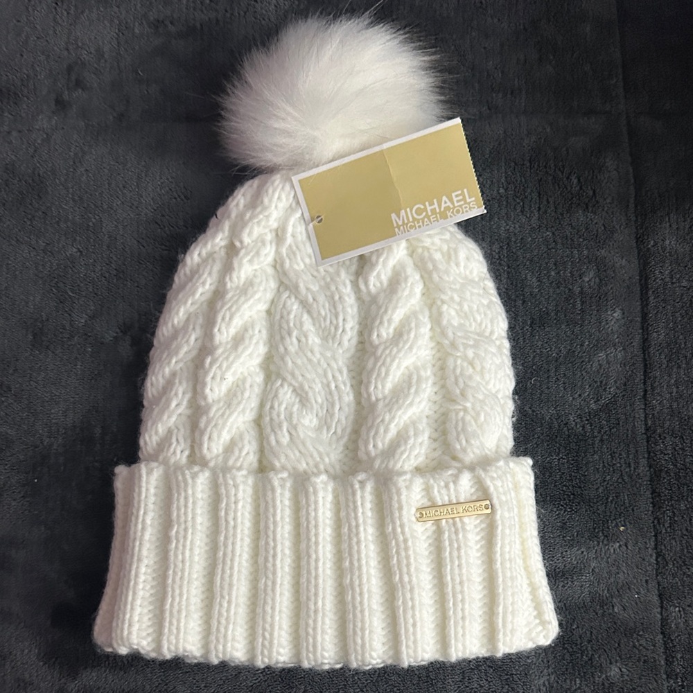Michael Kors Cream Cable-Knit Pom Pom Beanie